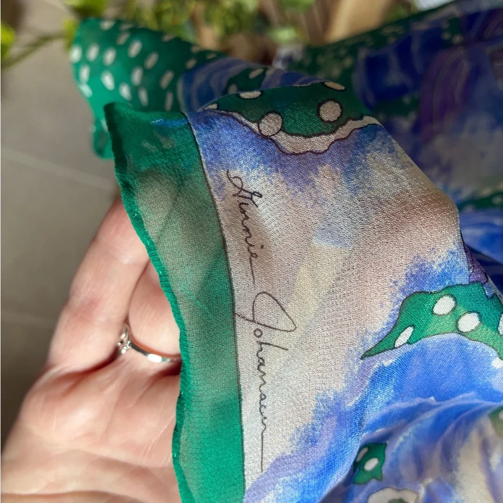 Vintage 1988 Ginnie Johansen Silk Scarf | Made in Japan | Signed | Floral Print